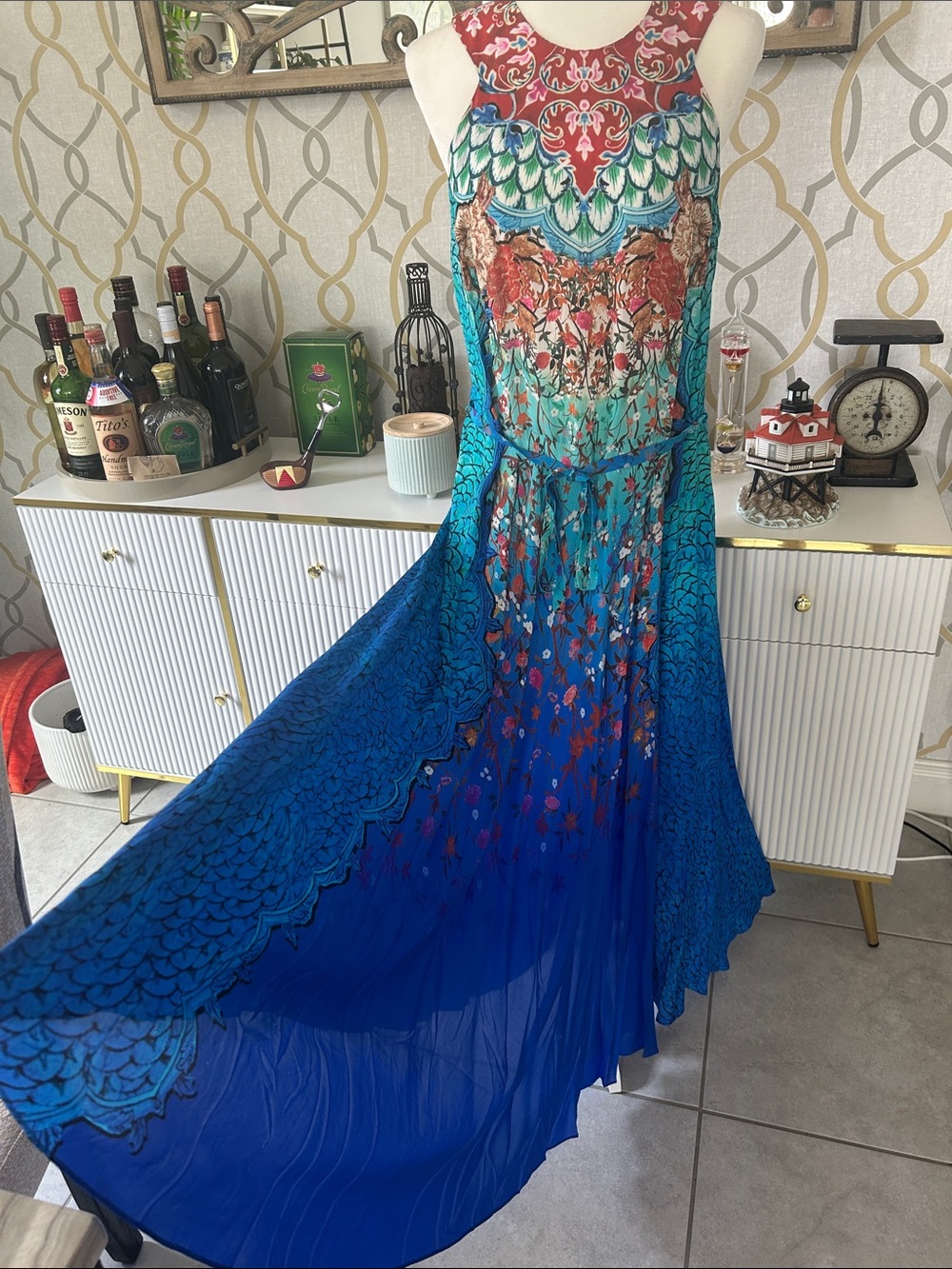 GOTTEX Silk Blue Multicolor Maxi cover up/dress with Floral & Feather Motif - Picture 3 of 12